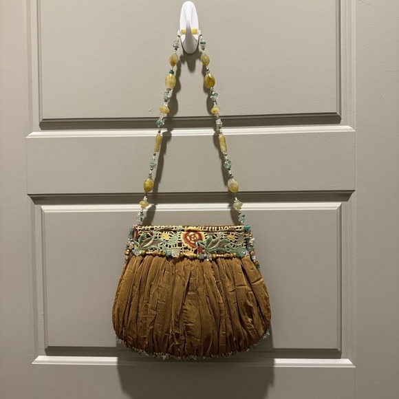 Mary Frances Handbags - Mary Frances Beaded Silk Handbag Embroidered Birds Floral Gemstone Strap